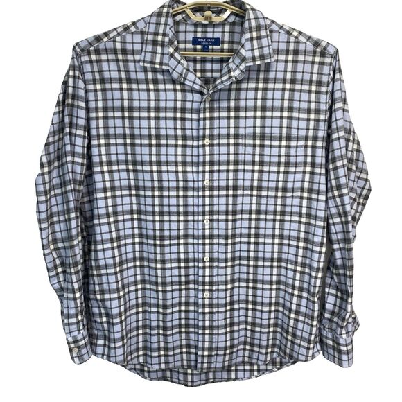 Cole Haan Grand OS Plaid Flannel Shirt Mens XL Blue Career Long Sleeve Button - Picture 1 of 8